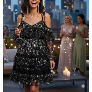Needle & Thread Supernova Tiered Ruffle Embellished Dress Black Size 6